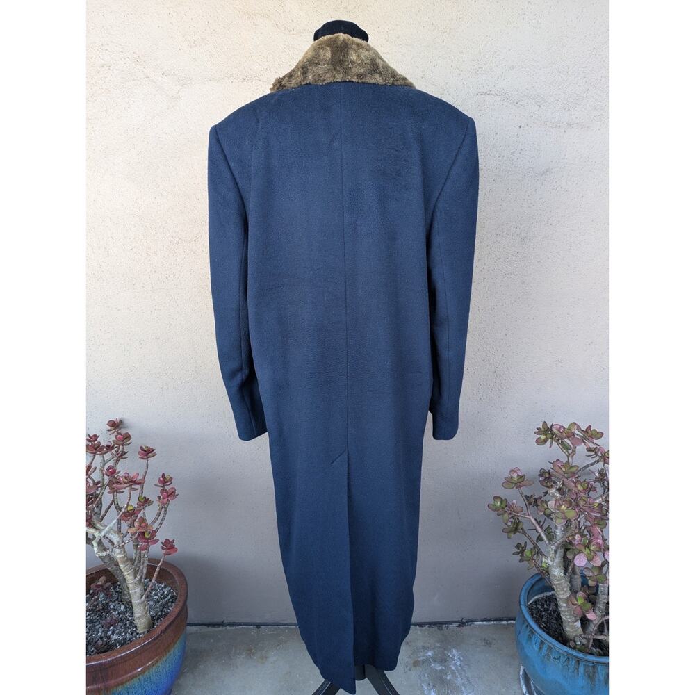 💜Perry Ellis 1980s Navy Wool Maxi Coat Faux Fur Collar - Picture 2 of 15